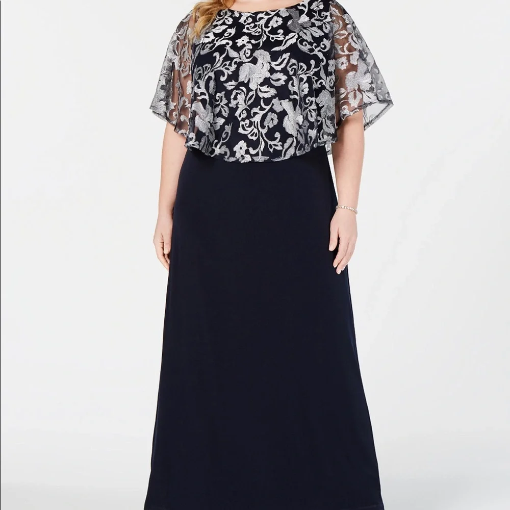 Connected Plus Size Embroidered
Capelet Gown color navy blue.